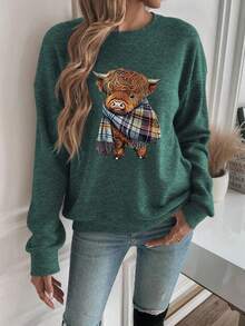 Women's Casual Warm Faux Wool Cow Print T-Shirt, Back To School Clothes, School Outfit Ideas, Back To School Essentials, First Day Of School Outfit, Back To School Outfits 2026 Spring - Green - View 5