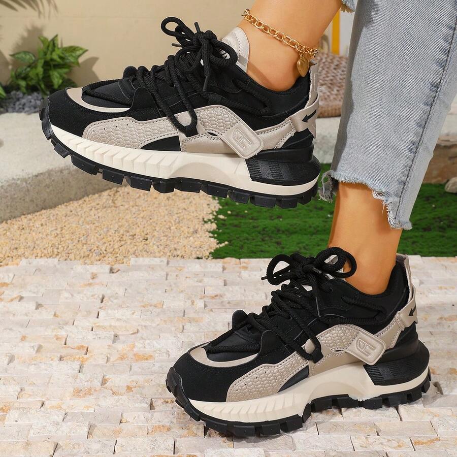 2026新款春季厚底厚底运动鞋，女士轻便软底休闲跑步鞋 - 黑色 - 查看 1