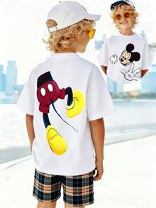 Disney Shining Boy (Double-Sided Print): Mickey Mouse Themed Cartoon Print, Casual And Simple Short Sleeved T-Shirt, Suitable For Spring And Summer Seasons, Suitable For Boys And Girls To Wear. Festival Gift - 白色 - 查看 1