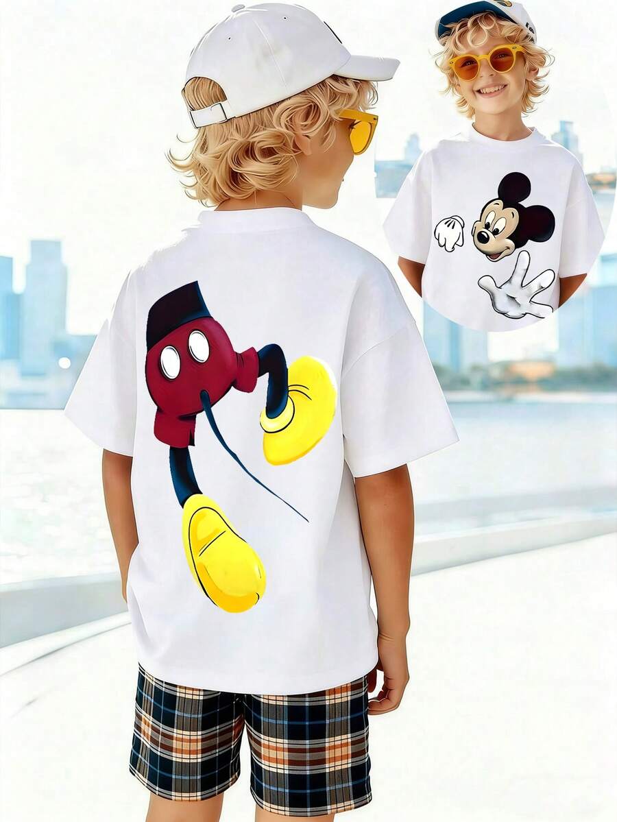 Disney Shining Boy (Double-Sided Print): Mickey Mouse Themed Cartoon Print, Casual And Simple Short Sleeved T-Shirt, Suitable For Spring And Summer Seasons, Suitable For Boys And Girls To Wear. Festival Gift - 白色 - 查看 1