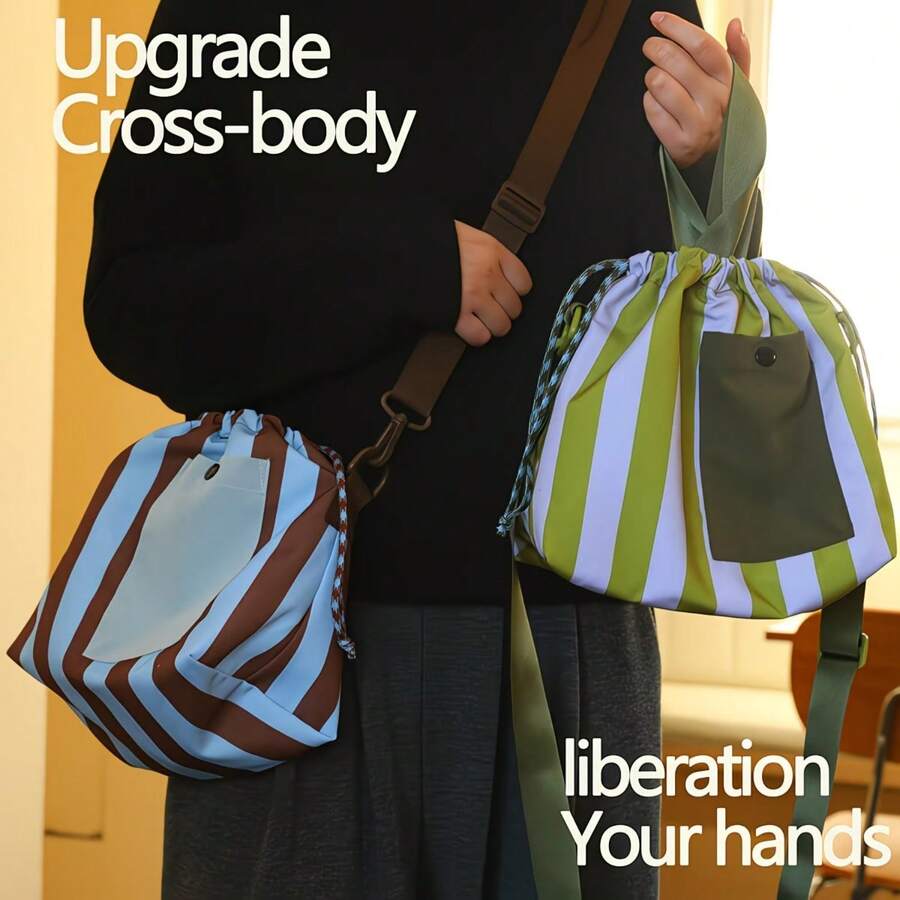 1pc Vertical Contrast Color Insulated Lunch Bag, Multifunctional Portable Bento Box With Drawstring Seal, Detachable Shoulder Strap For Handheld Or Crossbody, Reusable For School, Work, Camping, Picnic, Non-Contact With Food - Multicolor - View 1