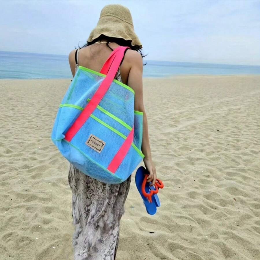 1 Large Capacity Beach Handbag, Polyester Fiber Fitness Swimwear Bag, Portable Foldable Shoulder Back Mesh Bag, No Closure Design, Hand Washable - Available In Grey, Blue, Optional, Beach Bag - Multicolor - View 1