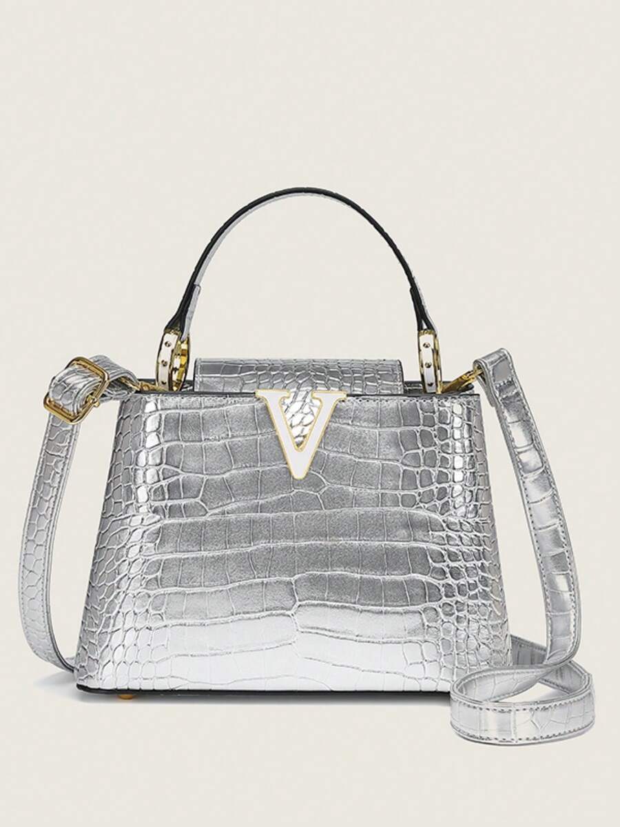 2026新款奢华女士手提包品牌包，鳄鱼纹压花高品质石纹托特包，时尚百搭单肩包，大容量托特包，复古休闲街头简约托特包，光泽高端斜挎包，2025新款优雅妈妈包，大容量鳄鱼纹压花包，酒红色枕形包 - 銀色 - 查看 1