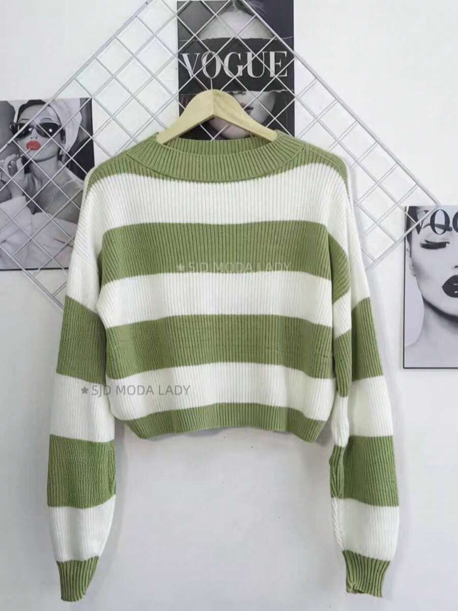 SJD MODA LADY Striped Sweater Knit Modal Off Shoulder Super Autumn Winter Korean Style Best Fabric - Bayi hijau garis putih - View 1