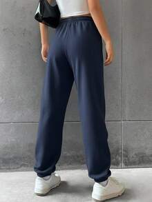 1件装女童及青少年休闲宽松运动裤，简约纯色抓绒针织裤，适合春、夏、秋、冬四季穿着。 - 藍色 - 查看 2