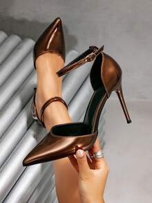 女士新款青铜色尖头细高跟鞋，镂空绑带派对宴会优雅凉鞋 - 銅色 - 查看 1