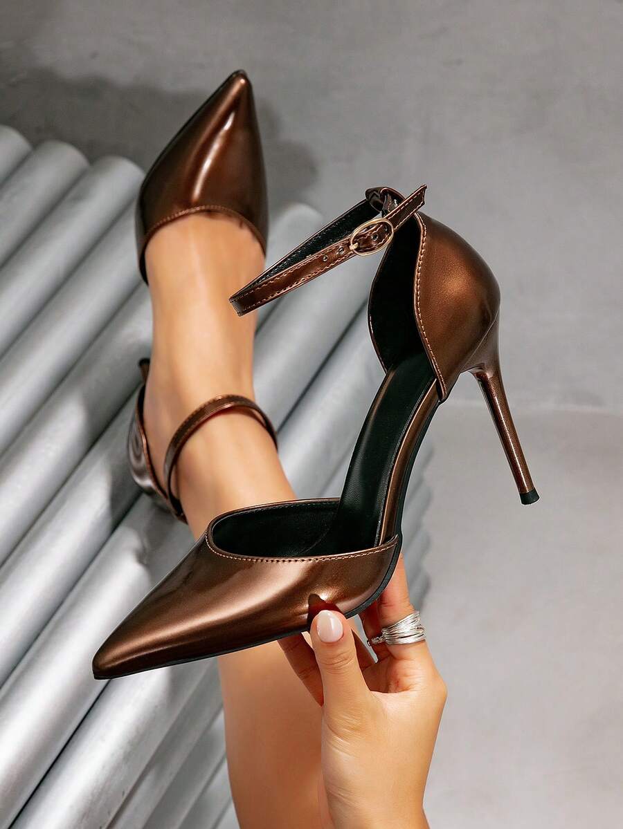 女士新款青铜色尖头细高跟鞋，镂空绑带派对宴会优雅凉鞋 - 銅色 - 查看 1