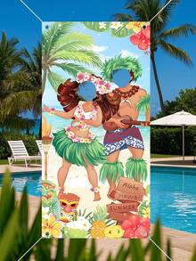 1Pc Hawaiian Photo Backdrop,Photography Booth Prop With Cutout Faces,Hawaiian Photo Banner,Summer Beach Party Polyester Backdrop,Hawaiian Couple Photo Frame,Hawaii Tropical Party Decor,Summer Beach Party Background Decoration,Aloha Party Supplies,Flamingo Party Decor,Summer Decor,Holiday Party Supplies,Summer Party Favors,Music Party Decor - Multicolor - View 9