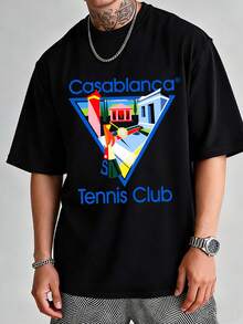 T-Shirt With Casa Tennis Club Motif, Geometric Architectural Print, Short-Sleeved Men's T-Shirt Made Of Pure Cotton, Relaxed Leisure Style, Outdoor Sportswear, Suitable For Everyday Wear And Outdoor Activities, Summer Clothing, Casual Holiday T-Shirt, A Gift For Men. - 黑色 - 查看 2