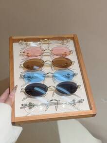 1 Pc Women's New Oval Frame Fashion Glasses Rimless Design Simple Decorative Glasses Novel Temple Design Shiny Rhinestone Decoration Solid Color Women's Fashion Accessory - Multicolor - View 13