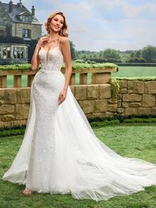 Plant Embroidery Mesh Fishtail Hem Backless Strap Wedding Dress - White - View 8