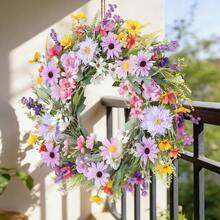 1Pc Artificial Daisy Wreath For Front Door Green Leaf Wreath Spring Summer All Seasons Wreaths For Home Wall Wedding Festival Farmhouse Porch - Multicolor - View 8