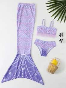 Children Girls Tankini Swimsuit 3 Piece Mermaid Bathing Suit Kids Ruffle Top With Shorts Fish Tail Bikini Set Swimwear 1-14Y - B - 查看 2