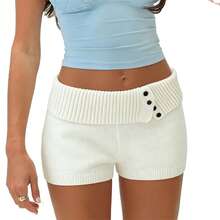Women's Fold Over Waist Knitted Shorts Y2k Low Waist Striped Print Color Block Slim Fit Hot Pants Party Clubwear Going Out Sweater Shorts Loungewear Bottoms Stretchy Yoga Shorts Summer Casual Active Jogger Sweatshorts - 白色 - 查看 4