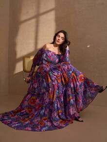 Elegant Romantic Off-Shoulder Long Sleeve Layered Hem Dress, Vacation Style Spring - Purple - View 5