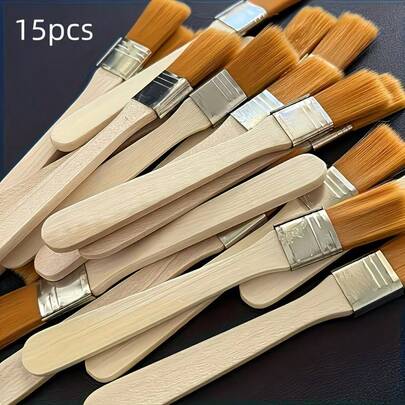 15支多功能木柄画笔 - 高品质塑料纤维刷毛，适用于油画、水彩画和电子设备清洁