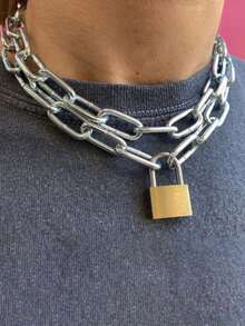 1 件时尚金属锁链项链，男女通用嘻哈风格金属金吊坠项链，适合派对、聚会、街头活动 - 銀色 - 查看 1