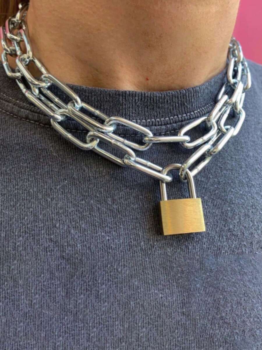 1 件时尚金属锁链项链，男女通用嘻哈风格金属金吊坠项链，适合派对、聚会、街头活动 - 銀色 - 查看 1