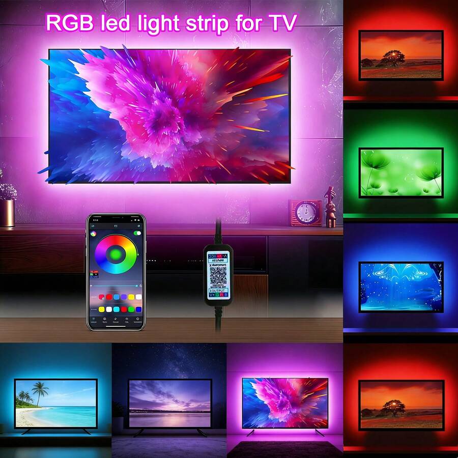Tira de luz inteligente LED, lámpara de luz de fondo RGB para TV, regulable, cambio de 7 colores, LEDs de alta luminosidad, control inalámbrico por aplicación, adecuado para fondo de TV, computadora, cine en casa, configuración de juegos - luz colorida - Ver 1