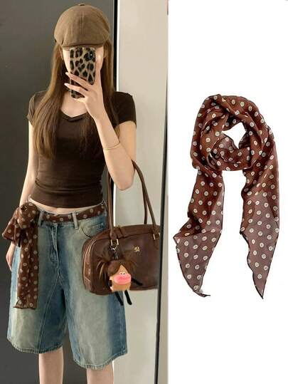 1 pièce Foulard en soie imprimé de pois marron, cravate en soie multifonctionnelle, nouveau modèle de mode 2026, décoration de cou pour femmes, convient pour assortir à une tenue quotidienne