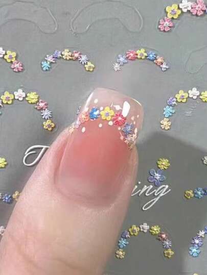 2 Sheets Delicate French Manicure Stickers, Japanese Style Floral Nail Art Decals, Colorful Flower Nail Stickers