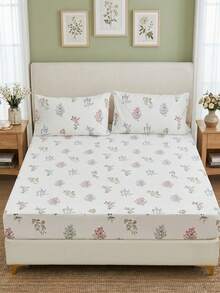 3 Stücke Baumwoll-Bettwäsche-Set mit Ditsy-Blumenmuster, bestehend aus 1 Spannbettlaken + 2 Kissenbezügen, in den Farben Lila, Rosa und Gelb, geeignet für Schlafzimmer und Studentenwohnheim, perfektes Geschenk für Feiertage und alle Jahreszeiten, weich und hautfreundlich, Wohnessentielle im amerikanischen Landhausstil - Verschiedenfarbig - Übersicht 12
