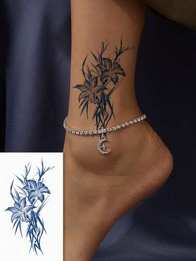 1片草本半永久花卉纹身贴纸，防水临时假纹身，蓝色人体彩绘纹身，可持续7-14天，遮盖疤痕，适用于胸部、腰部、手腕、肩膀、颈部、脚踝、背部，适合派对、礼物、度假，易于粘贴和去除，一次性纹身贴纸