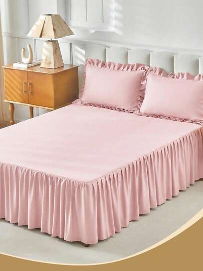 1pc Solid Color Bed Skirt, Bedding, Pink Bed Cover, Soft & Breathable, Comfortable Home Textile, Modern Style, Silky Luxurious Fabric, Gentle On Hair & Skin, Sleep Comfortably, Suitable For Twin, Full, Queen, King Size Beds, Machine Washable, Dust-Proof Bed Skirt, Pillow And Pillowcase Not Included
