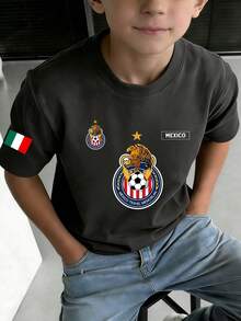 1 pieza Camiseta de manga corta casual estampada para niños preadolescentes, top de verano para estudiantes jóvenes - Gris Oscuro - Ver 3