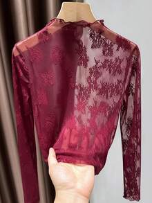 Camiseta interior de cuello alto de encaje para mujer, elegante blusa de manga larga de malla casual para primavera - Burdeos - Ver 2