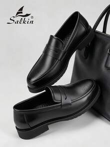 Salkin 新款时尚复古男士一脚蹬便士乐福鞋，绅士皮革布洛克圆头商务正装鞋，纯色休闲西装牛津鞋，适合中年、青年、学生、毕业典礼、学院风、派对、婚礼、新郎鞋、社交鞋，春季、夏季、秋季，加大码正装/商务正装 - 布洛克便士樂福皮鞋 - 查看 10