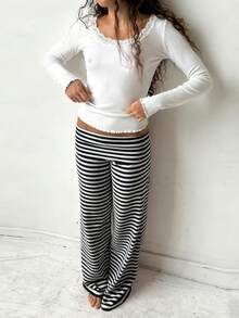 Lounge Yoga Pants For Women Fold Over Low Waist Wide Leg Sweatpants Flare Leggings Bell Bottoms Y2K Foldover Pants - 黑白條紋 - 查看 9