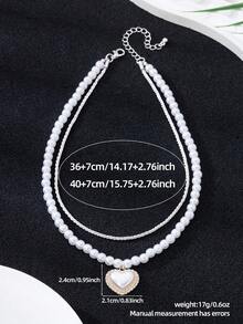 Double Layered Chain Necklace - Heart Pendant With Elegant Charm Of Fashionable Beaded Chain Double Layered Necklace Suitable For Girl's Daily Leisure Matching Classic Style (No Gift Box) - Multicolor - View 6