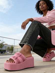 2026 Summer Thick Sole Platform Slide Sandals, Women Wedge Slippers Open Toe Fashion House Slippers - Pink - View 8