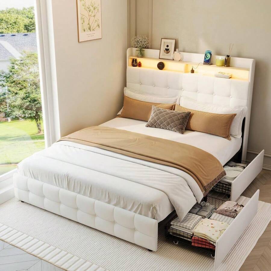 Marco de cama con cabecera y 2 cajones de almacenamiento, Queen/Full Size tapiceado marco de cama con luz led, cama suave moderna con enchufe de carga y USB, tela de peluche suave, sin ruido - Beige-Tamaño completo-Terciopelo - Ver 1