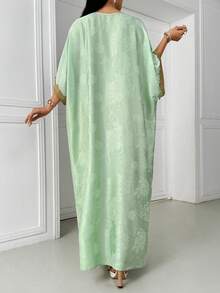 Women's Elegant Patchwork Gold Ribbon V-Neck Loose Mint Satin Arabic Abaya, Luxury Kaftan & Jalabiya,Wedding Party Dress,Wedding Guest Outfit,Summer Holiday Outfits - Mint Green - View 2