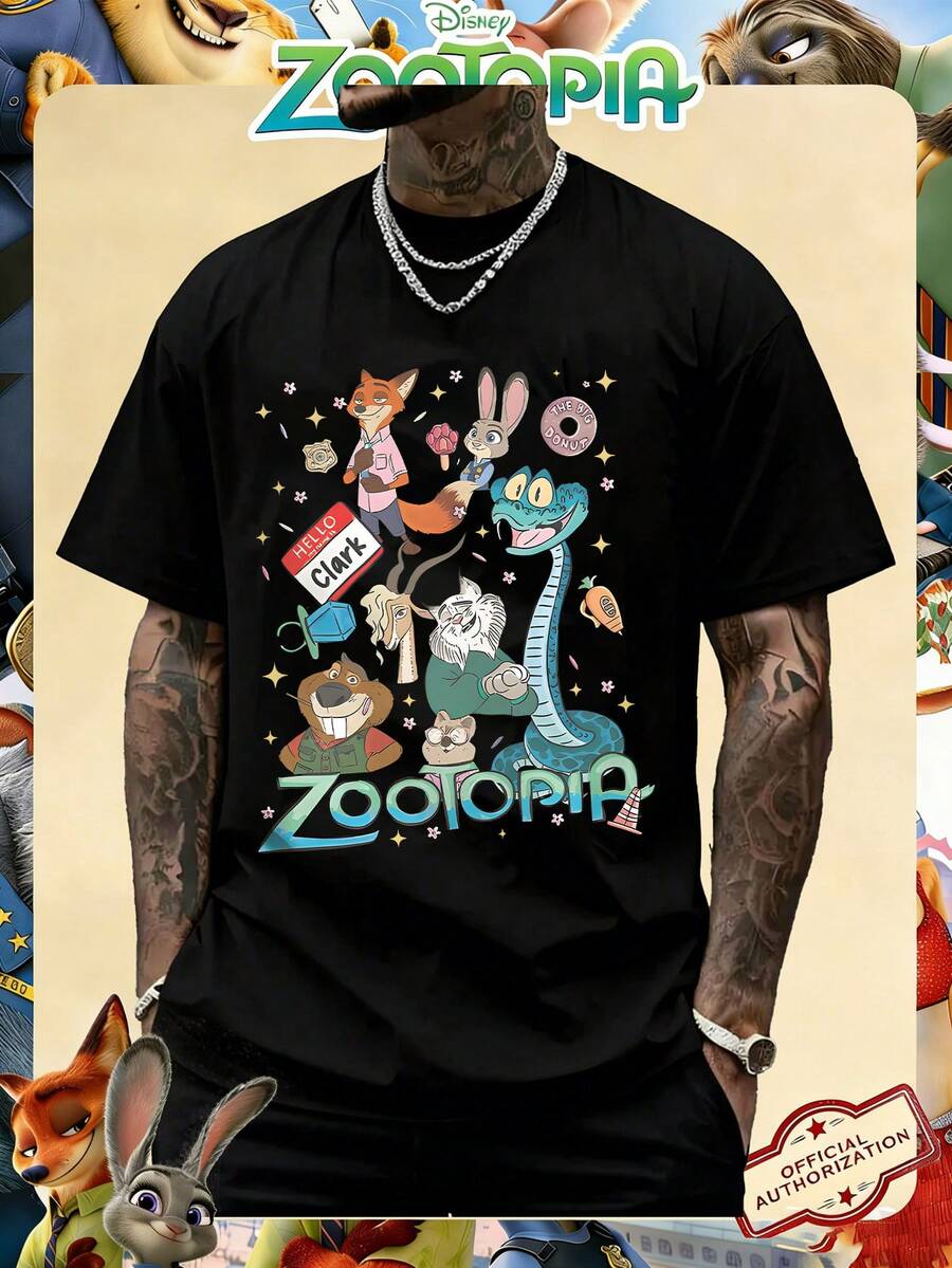Disney Official Licensed Zootopia 2 All Character Doodle Print 220g Cotton Crew Neck Unisex Tee - 黑色 - 查看 1