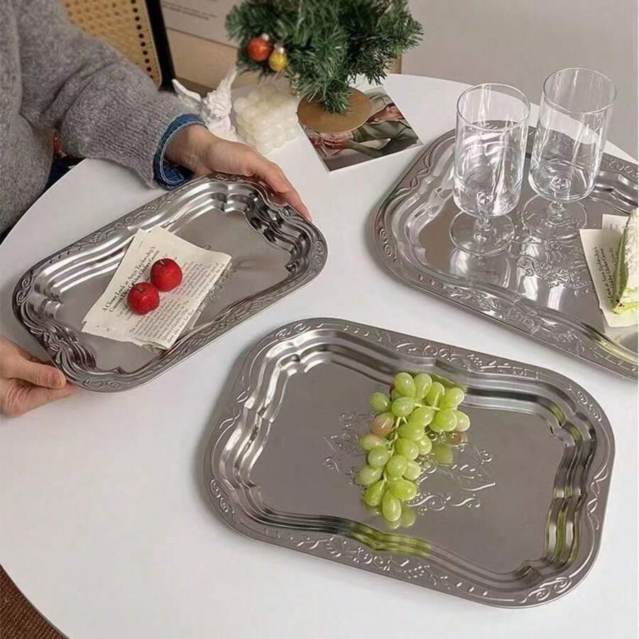 3pcs Stainless Steel Vintage Dinner Plates, Home Decoration Trays, Jewelry Trays, Restaurant Fruit Trays, Cafeteria Restaurant Tableware, Outdoor Camping Supplies, Picnic Tableware - 3pcs - 查看 1
