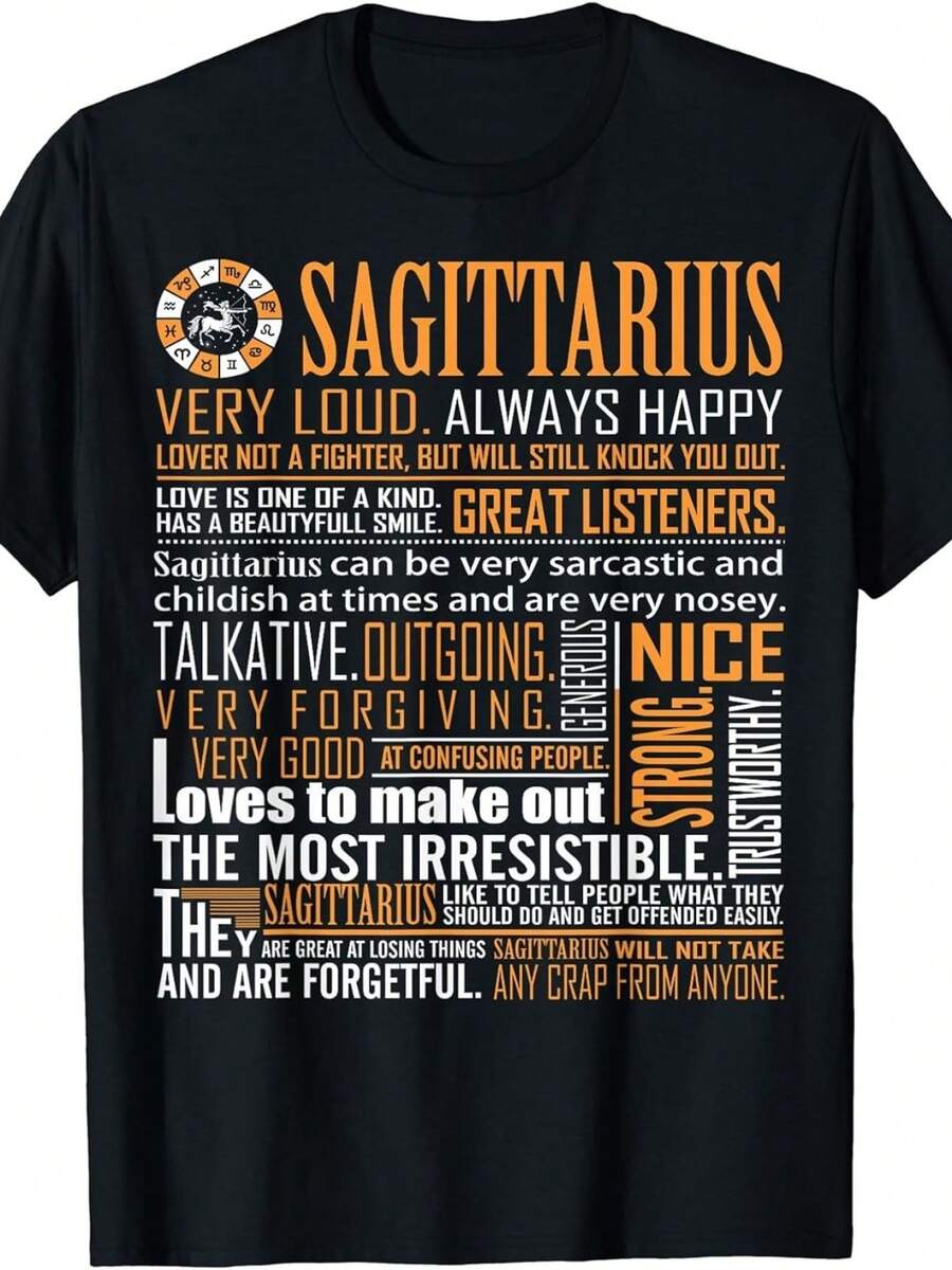 Women Sagittarius Zodiac T-Shirt Heavyweight Black Tee With Sagittarius Traits Loud Happy Talkative Sarcastic Nosey Forgiving Friendly Machine Washable Round Neck Shirt For Halloween Christmas Gifts Astrology Apparel - Đen 1 - Xem 1