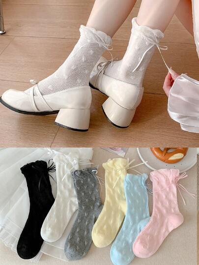 1 Pair Women's Colorful Mid-Calf Socks, Thin Bubble Hem Bow & Heart Design Comfortable Crew Socks For Spring/Summer