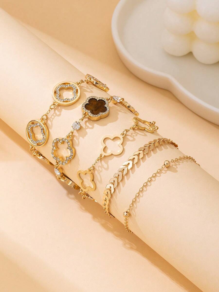 Bộ 5 vòng tay dây chuyền hình cỏ ba lá và máy bay rỗng đính đá cổ điển, vòng tay nhiều lớp hình cỏ ba lá may mắn màu nâu đa năng phù hợp cho nữ (Không kèm hộp quà. Do cắt thủ công, số lượng hạt trên dây chuyền có thể thay đổi, nhưng chiều dài cuối cùng vẫn giữ nguyên). - màu nâu - Xem 1