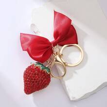 Girl's Heart-Shaped Rhinestone Strawberry Keychain, Alloy Paved Rhinestone Bow & Lobster Clasp Pendant, Sweet Fashionable Bag Charm, Popular Small Gift - Multicolor - View 8
