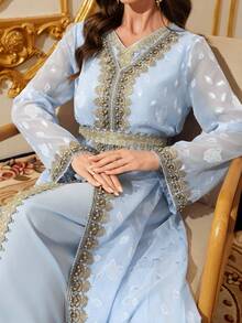 Ramadan & Eid Al-Fitr Exclusive Modest Rose Jacquard Embroidered Women's Robe, Comfortable Breathable Chiffon 2 Pieces Dress Set - Baby Blue - View 6