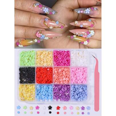 12 Slots 3D Acrylic Small Flower Nail Art Decorations, 5-Petal Flower Nail Jewelry With Gold/Silver Beads, White Faux Pearls, Pink Tweezers, Nail Salon DIY Craft Supplies For Spring & Summer Nails