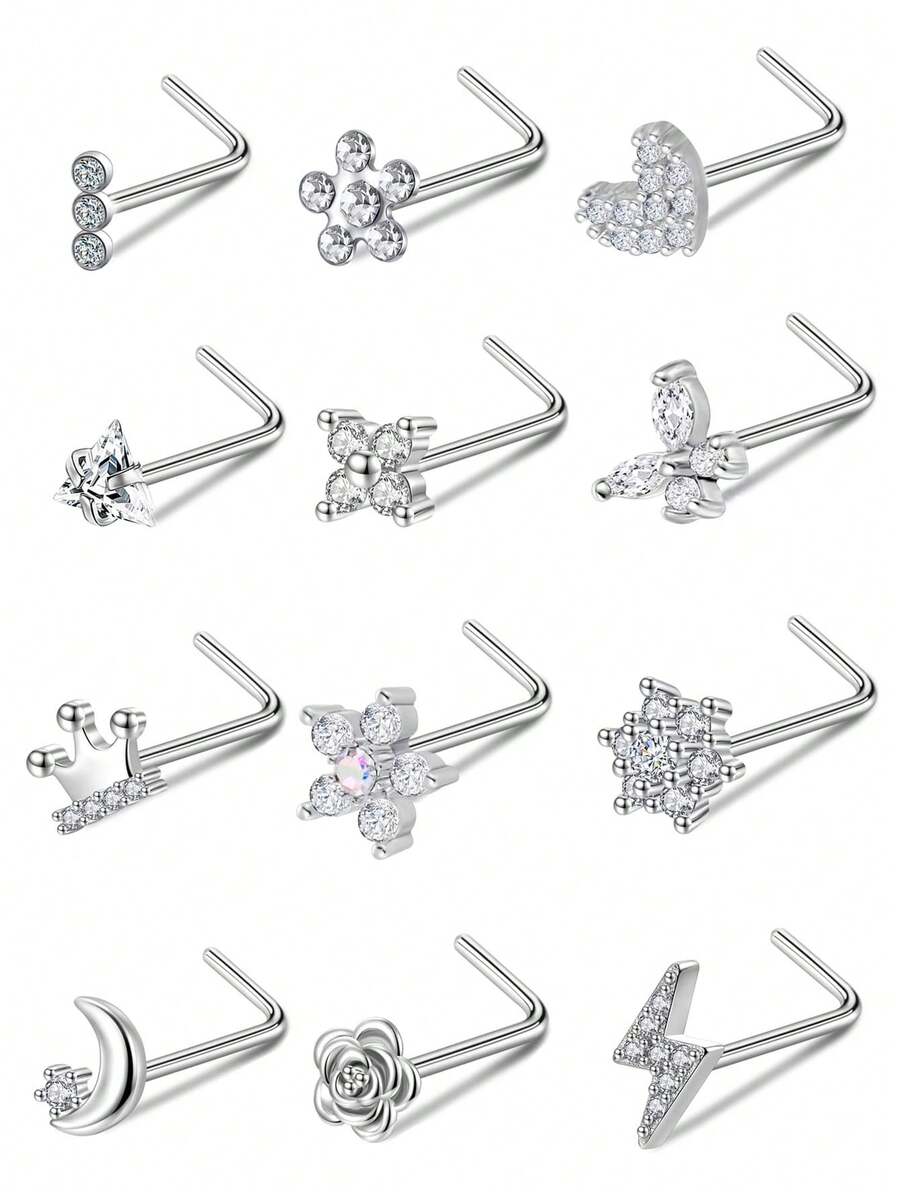 12 piezas Anillos de nariz en forma de L con circonita cúbica, diseños de mariposa, flor, ojo, luna, corona y rayo para mujeres y hombres - Plateado - Ver 1