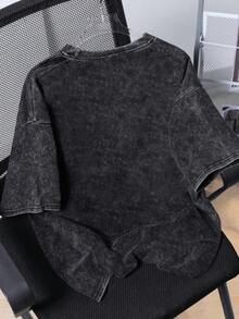 男士街头风卡通猫图案T恤，略带弹力做旧棉混纺黑色圆领短袖T恤，休闲日常穿着 - 黑色 - 查看 2