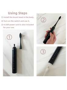 1 pieza Cepillo de dientes eléctrico para adultos con 3 cabezales de cepillo, 5 modos, IPX7 resistente al agua, larga duración de la batería, recargable por USB, limpieza dental - Negro - Ver 6
