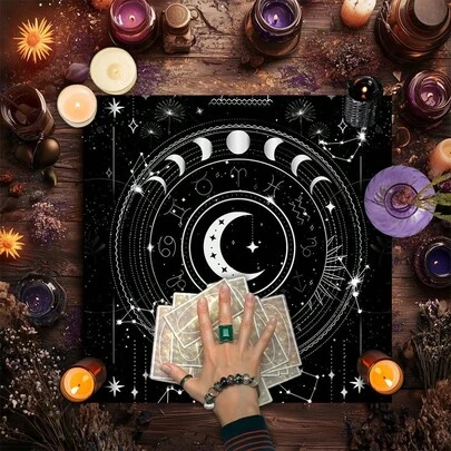1PC Celestial Tarot Altar Cloth And The Accompanying Pouches With Sun & Moon- Witchy Wiccan Ritual Cloth Suitable For Tarot Readings, Moon Phase Ceremonies, Meditation Spaces, Pagan Altars - Table Cover For Witchcraft Practices Elegant Sun And Moon Mandala Altar Cloth With Mystical Celestial Design Vintage Floral Table Cloth Witchcraft Astrology Black Oracle Mat Tarot Tablecloth Boho Playmat Cloth Home Decor Room Decor