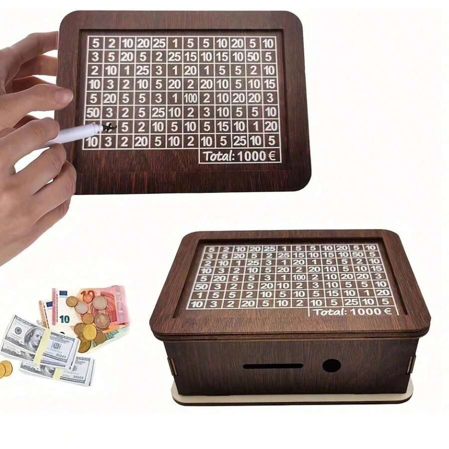 1个可重复使用的1000/3000/5000/10000欧元木制小猪存钱罐，目标规划储蓄罐，家居装饰，桌面摆件，万圣节/圣诞节礼物，适合送给朋友、母亲、父亲、爱人（颜色和款式随机） - A - 查看 1