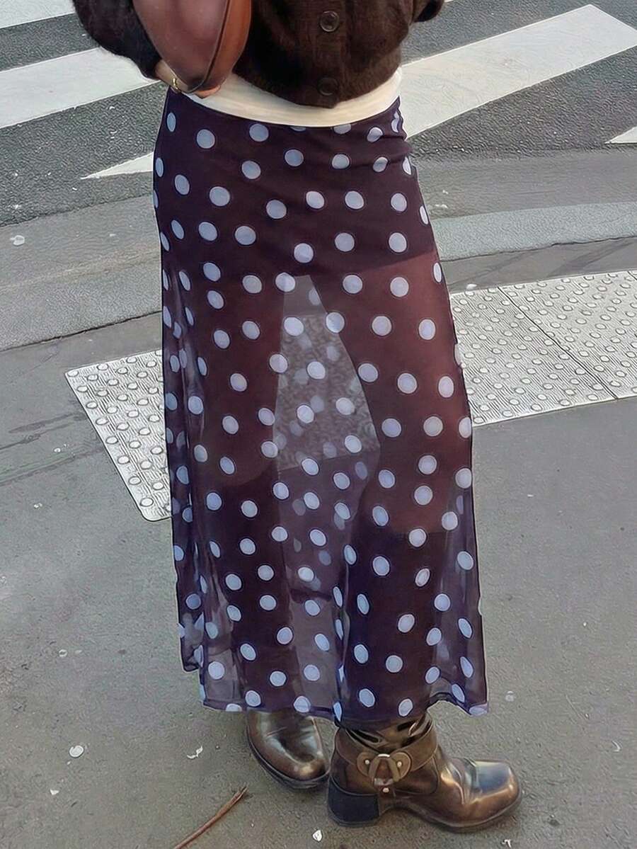 Women's Lightweight Brown Sheer Mesh Blue Polka Dot Skirt, Casual Beach Holiday Skirt - Blue Polka Dots - View 1